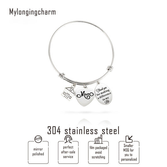 Engraved Heart And Circle Charm Bangle-Thank you for making a difference in my life