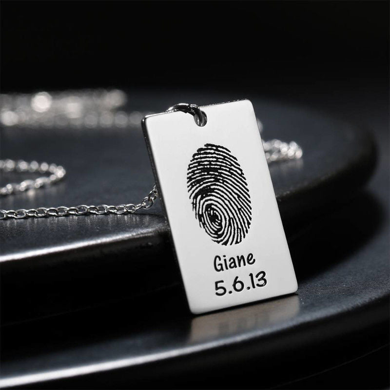 Personalized Fingerprint Square Photo Necklace with Engraving
