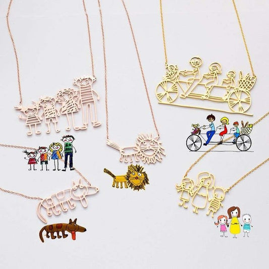 Personalized Engraved Children Art Drawing Necklace & Keychain