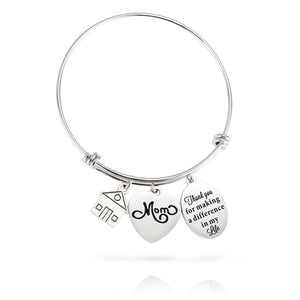 Engraved Heart And Circle Charm Bangle-Thank you for making a difference in my life
