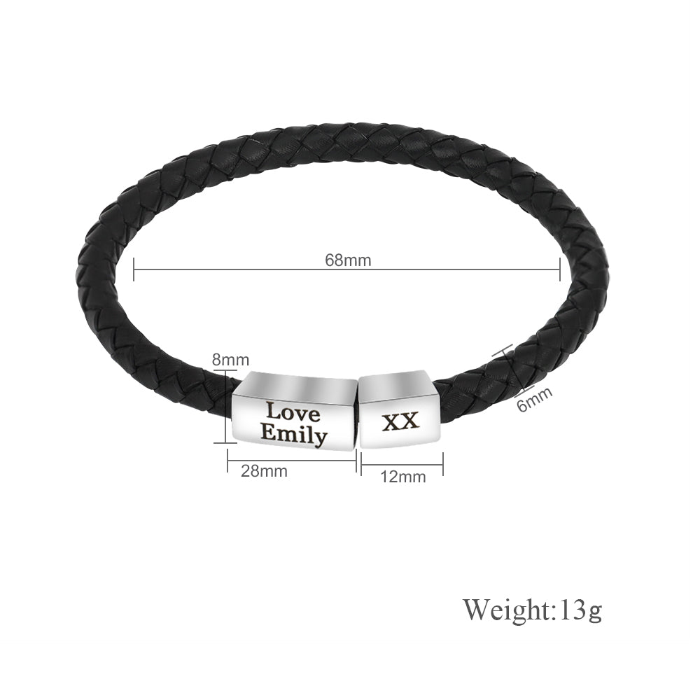 Personalized black braided genuine leather bracelet