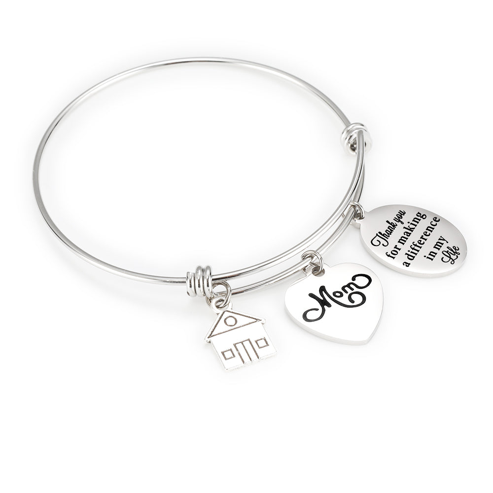 Engraved Heart And Circle Charm Bangle-Thank you for making a difference in my life