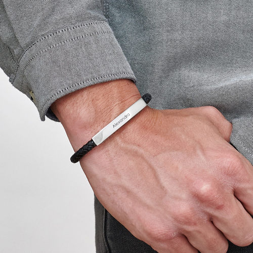 Engraved Leather Bar Bracelet for Men