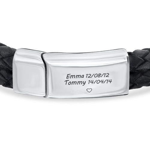 Engraved Bracelet for Men in Stainless Steel and Black Leather