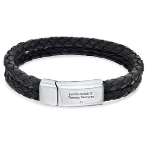 Engraved Bracelet for Men in Stainless Steel and Black Leather