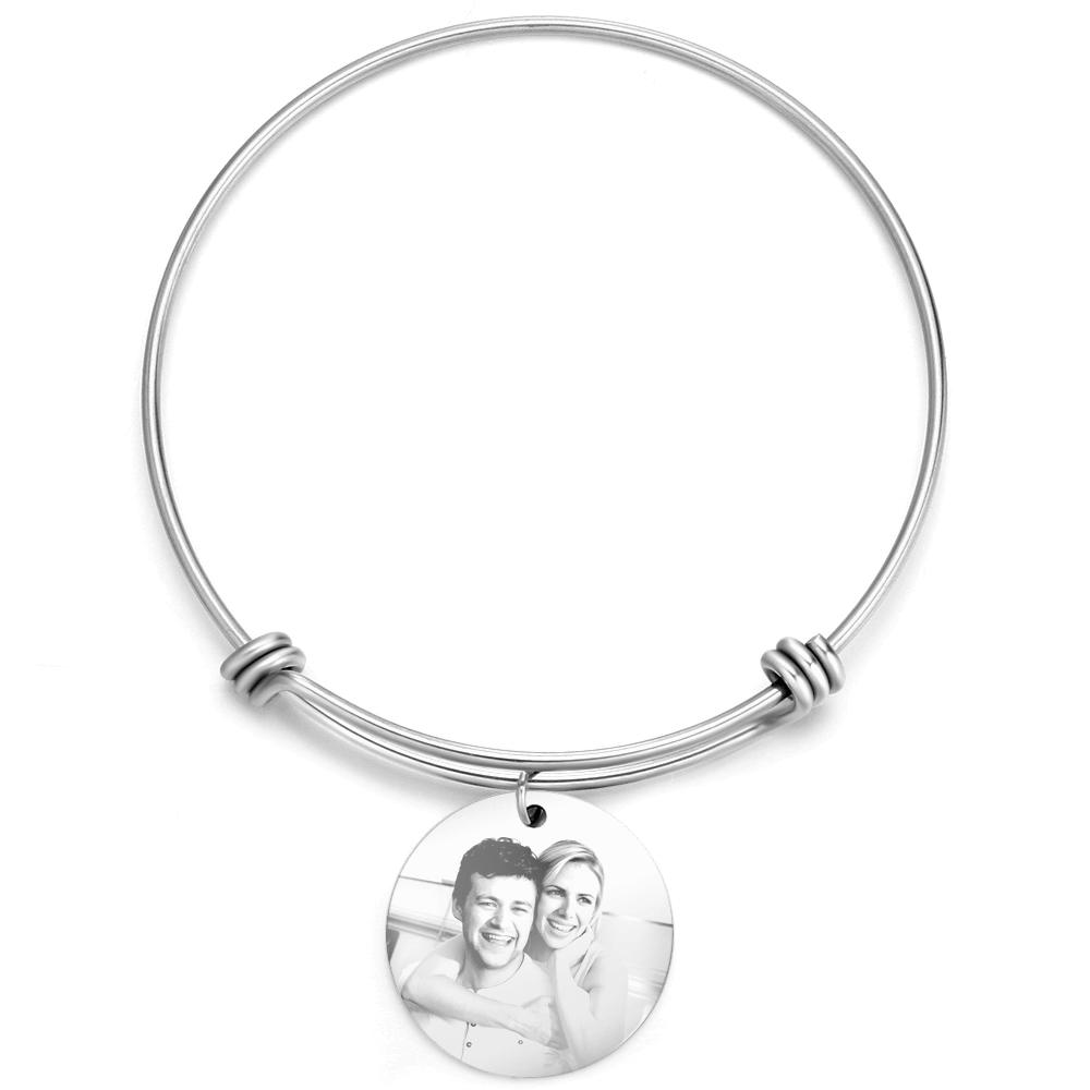 Women's Round Photo Engraved Charm Bangle Stainless Steel