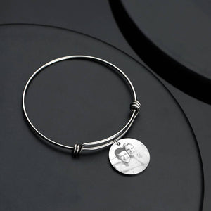 Women's Round Photo Engraved Charm Bangle Stainless Steel