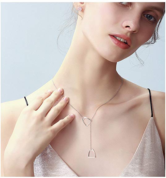 Sterling Silver plated Simple Double Horse Strirrup Lariat Necklace