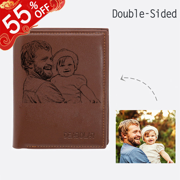 Double Sided Photo Leather Mens Trifold Vertical Wallet